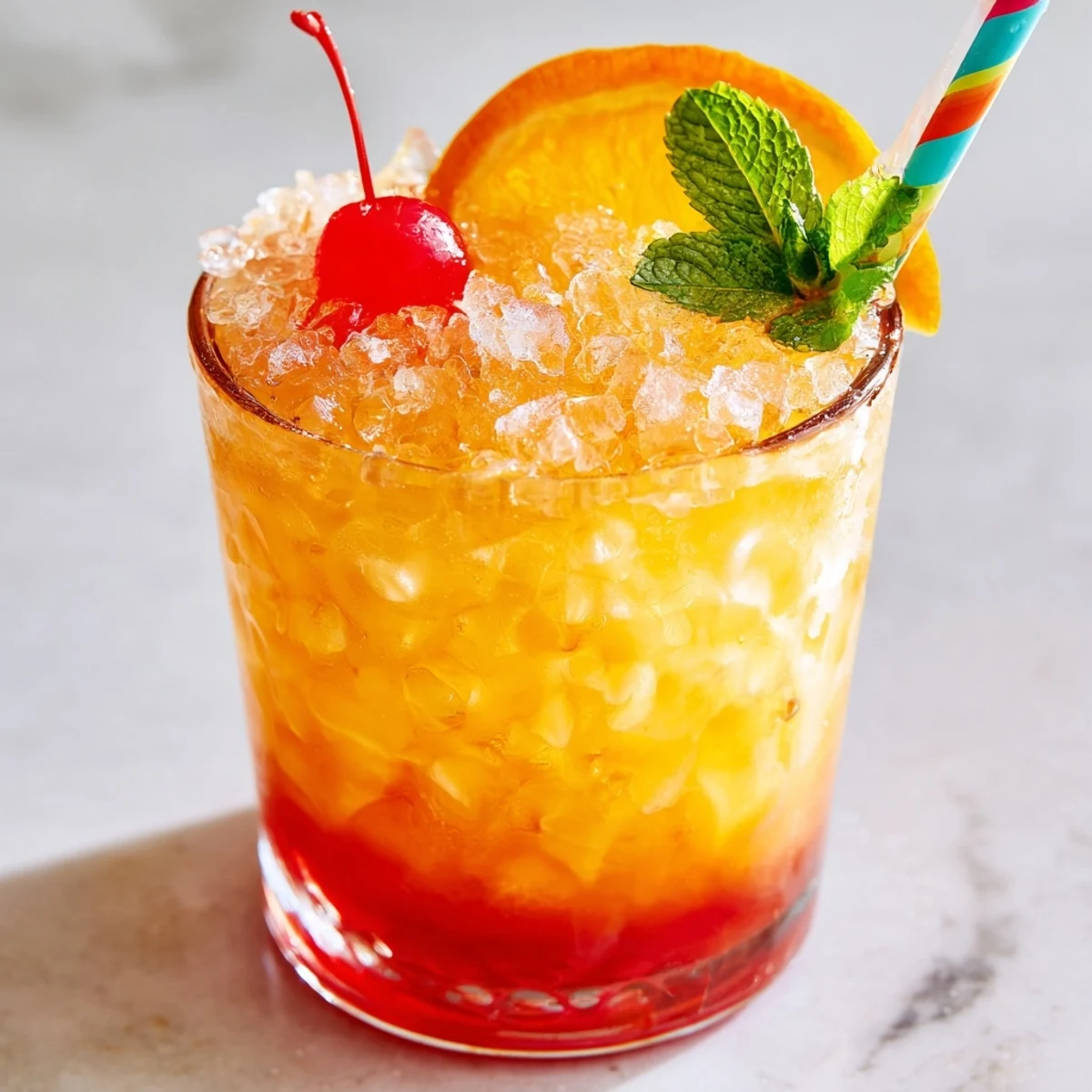 Vibrant Non Alcoholic Mai Tai with grenadine layers and tropical fruit garnishes
