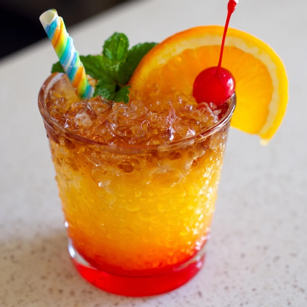 Refreshing Non Alcoholic Mai Tai topped with fresh mint and maraschino cherry