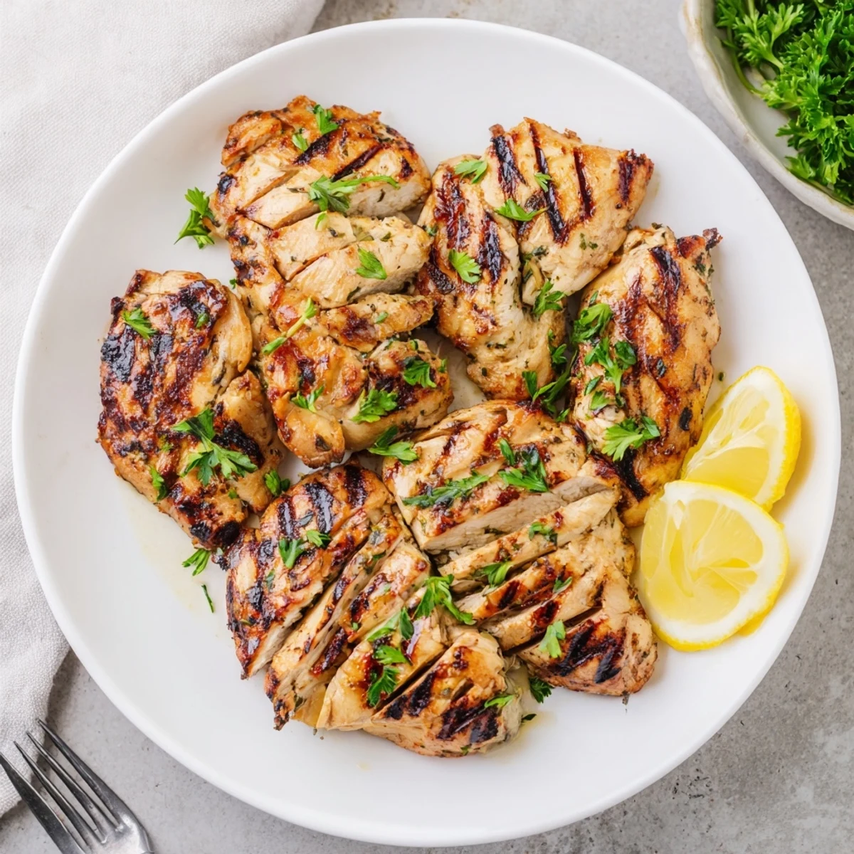 Golden Greek Yogurt Marinated Chicken sliced on a platter with fresh lemon wedges