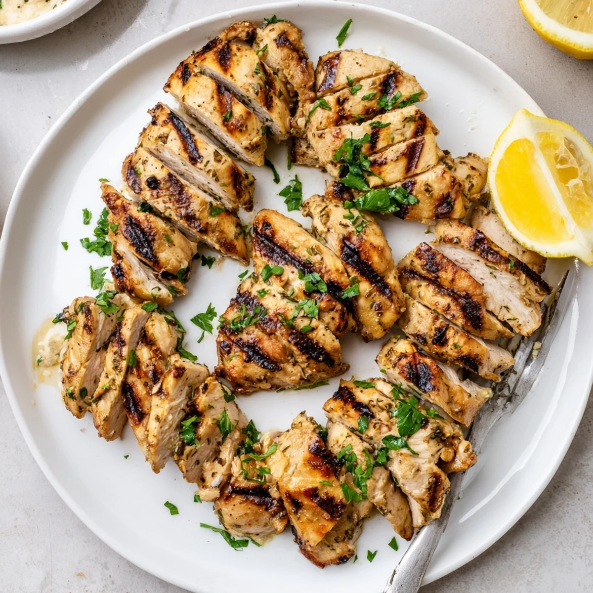 Creamy-topped Greek Yogurt Marinated Chicken resting beside chopped parsley and bright lemon slices