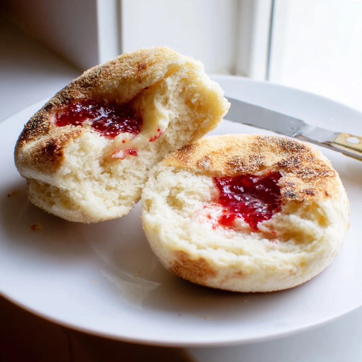 Golden brown homemade English muffins dusted with cornmeal, freshly griddled and ready for toasting.