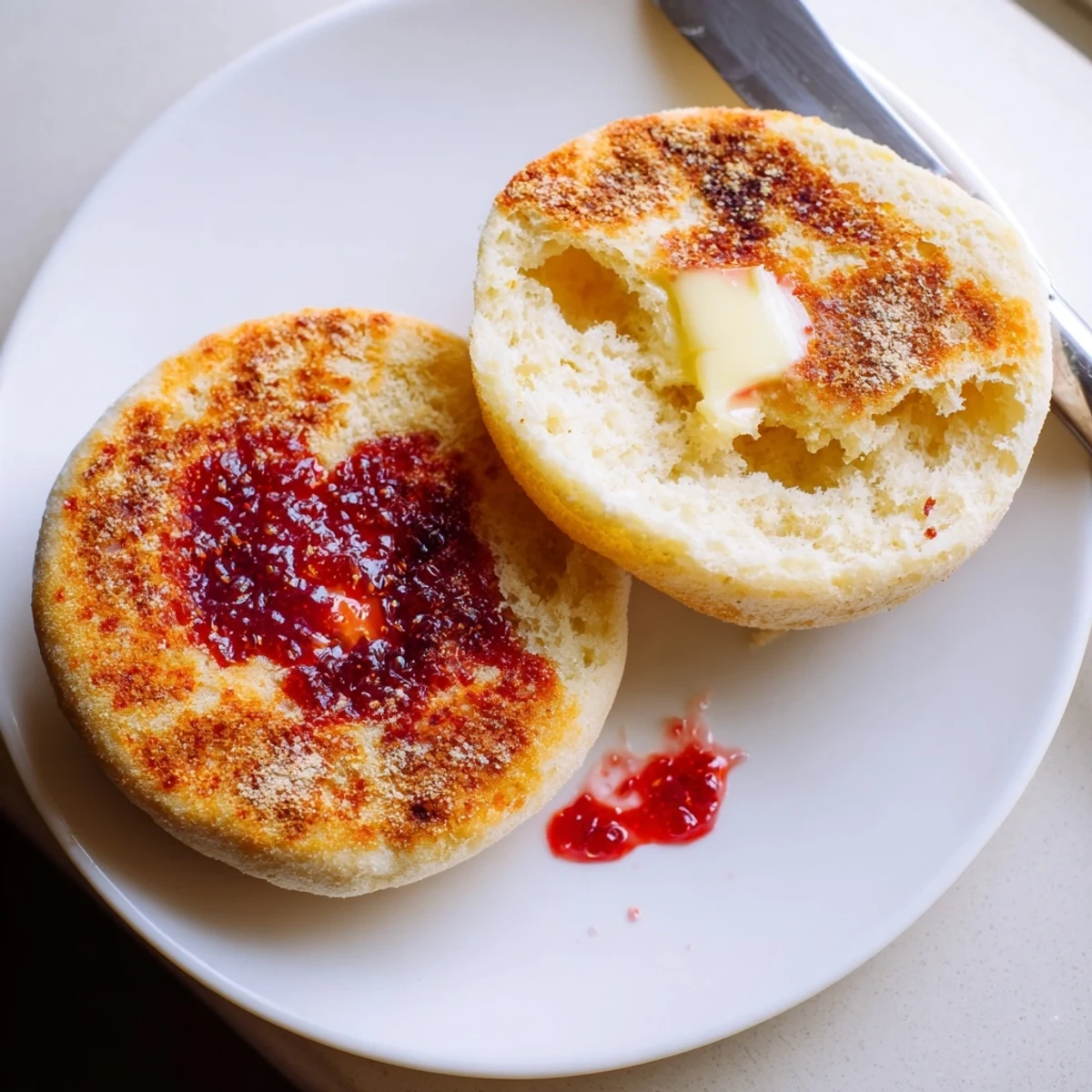 Soft homemade English muffins split open revealing airy nooks and crannies perfect for butter.
