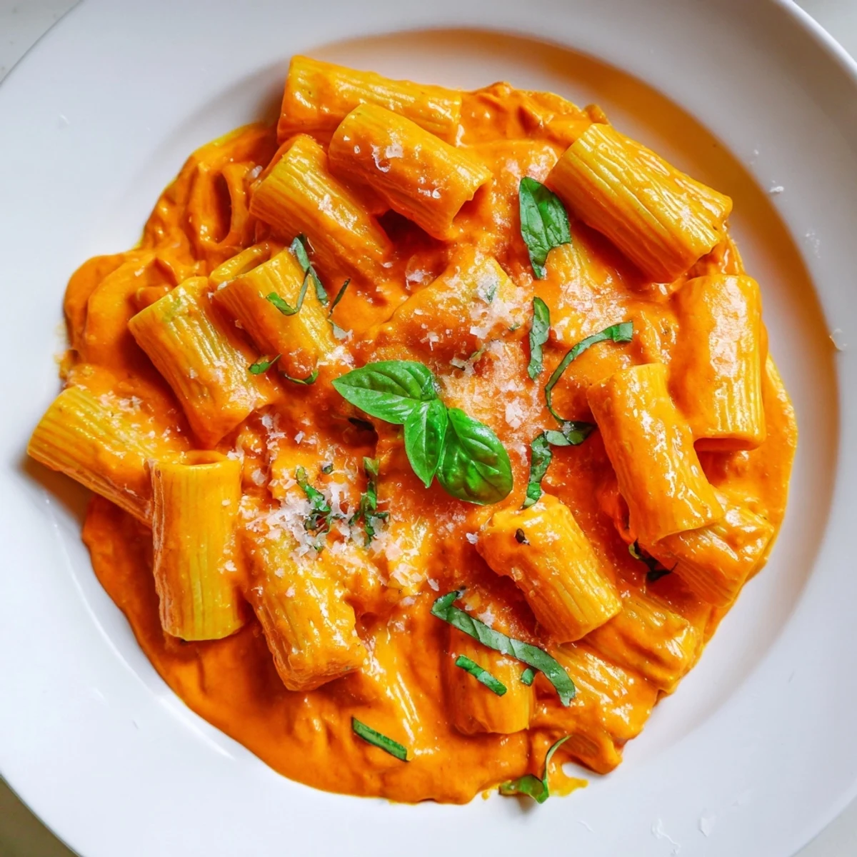 Creamy roasted red pepper pantry pasta topped with fresh basil and Parmesan cheese