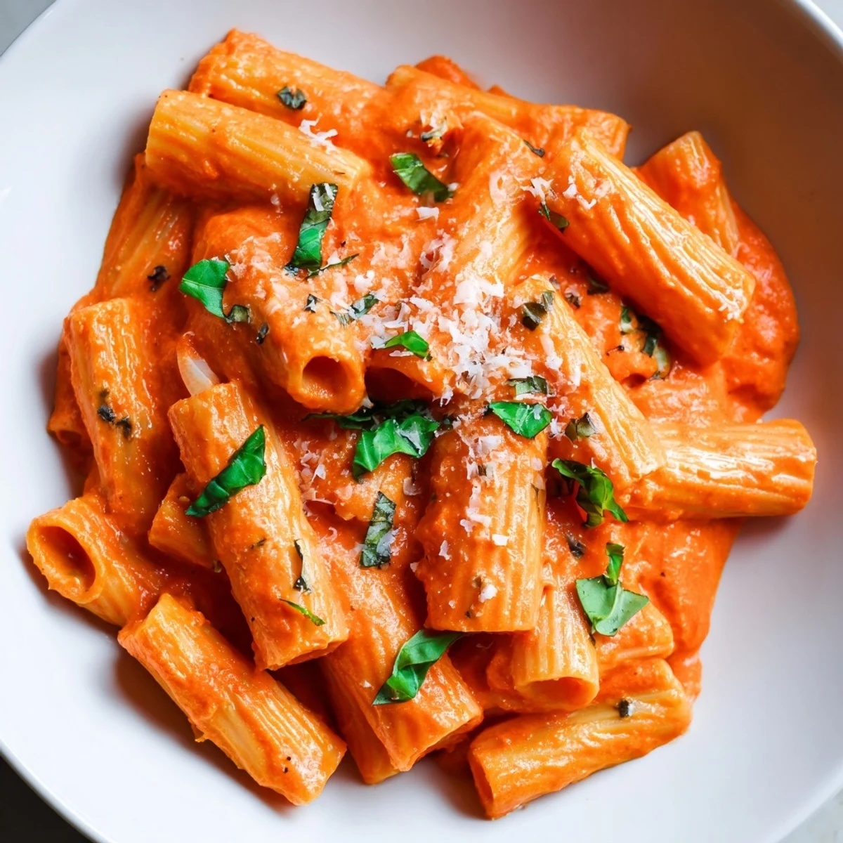 Vibrant orange roasted red pepper pantry pasta served in a rustic white bowl