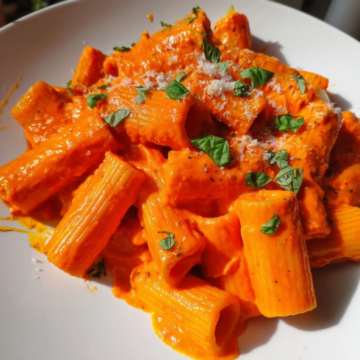 Steaming bowl of roasted red pepper pantry pasta garnished with parsley and crusty bread