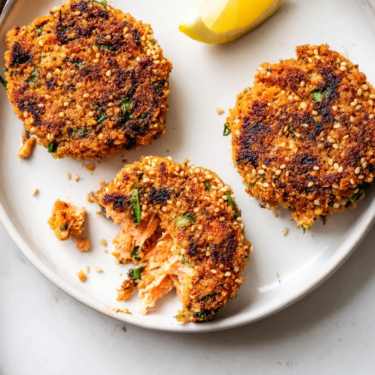 Crispy golden Harissa Sesame Salmon Patties served hot with fresh cilantro and lemon wedges
