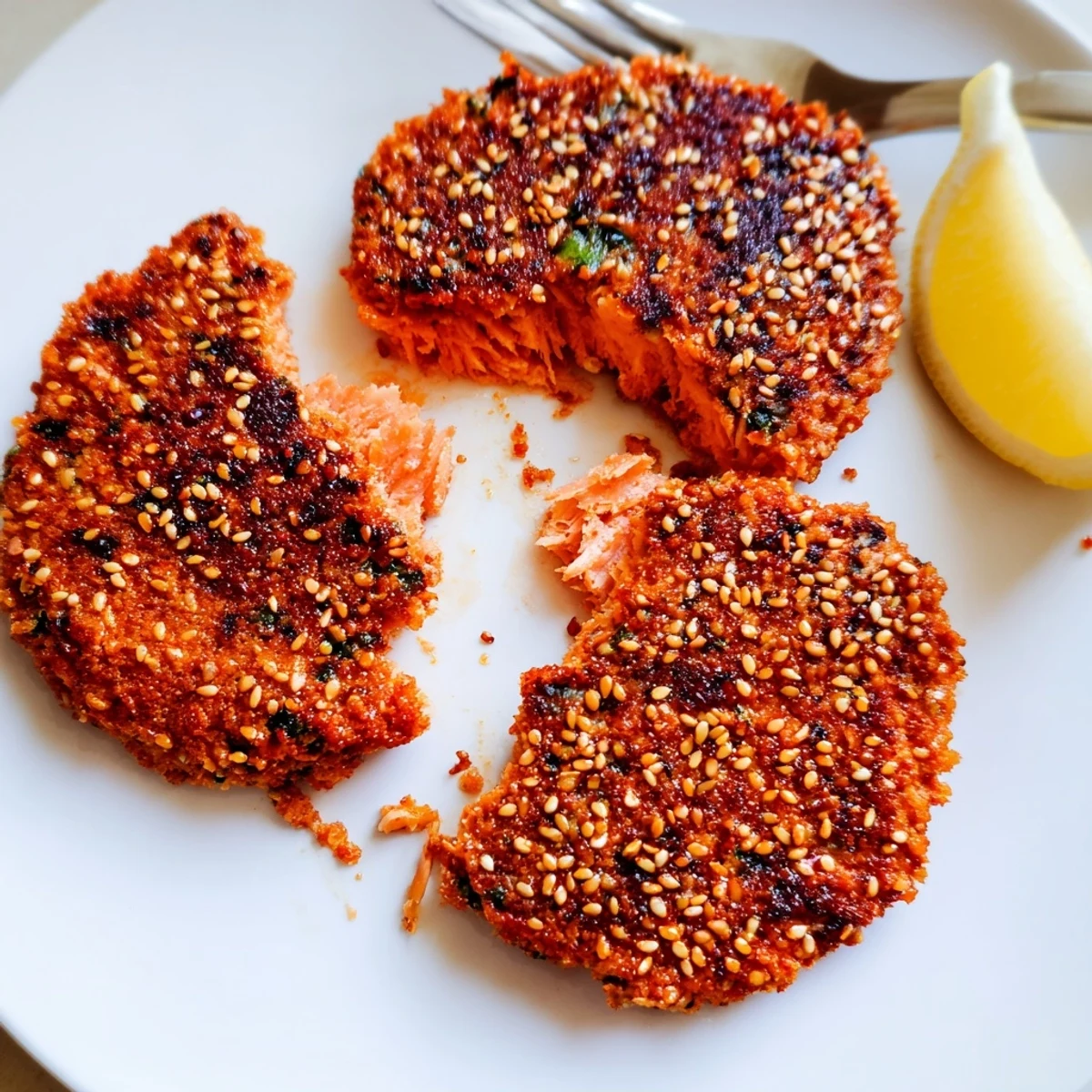 Close-up of Harissa Sesame Salmon Patties showcasing a crusty sesame-seeded edge and tender pink center