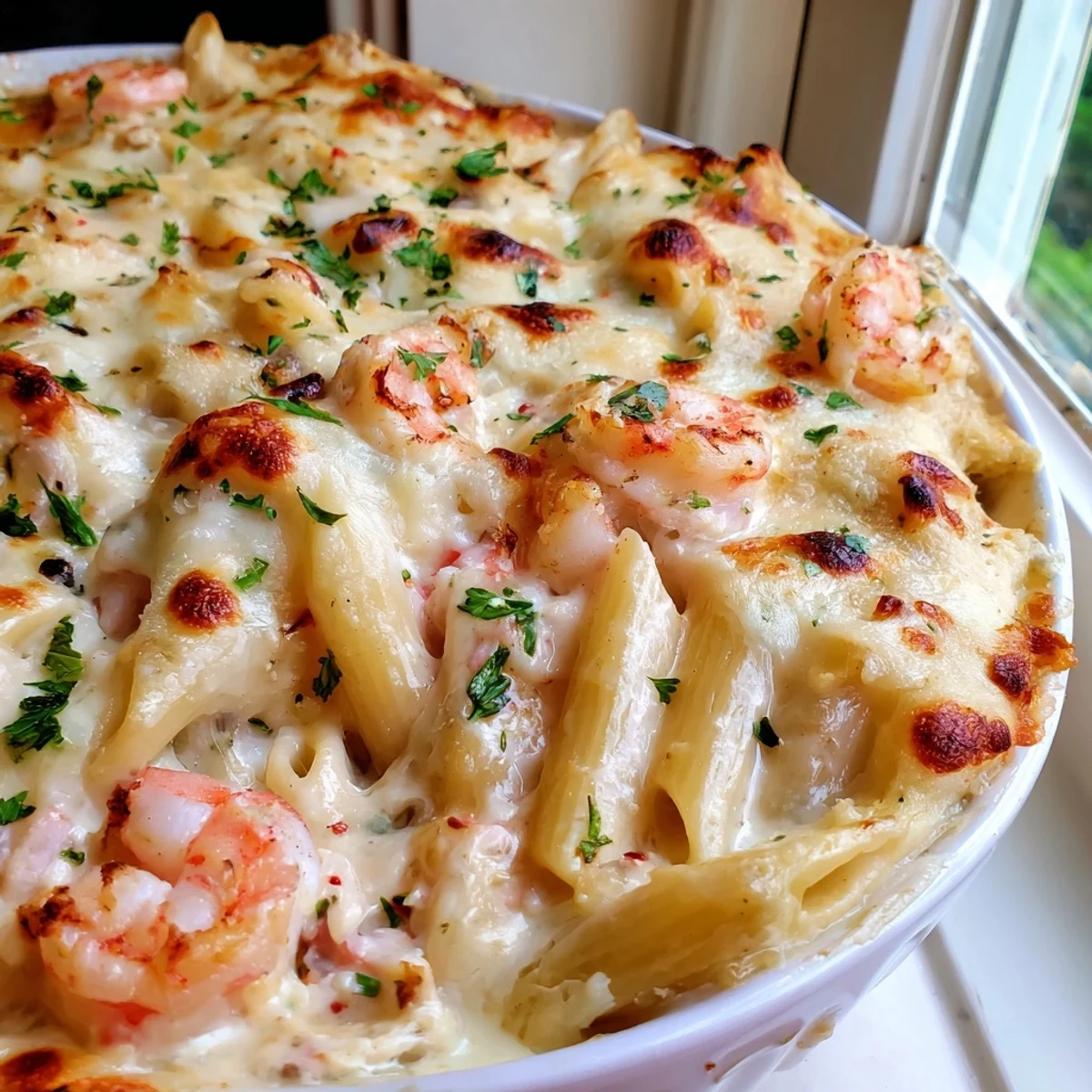 Bubbly shrimp scampi pasta bake with golden mozzarella and parmesan crust fresh from oven