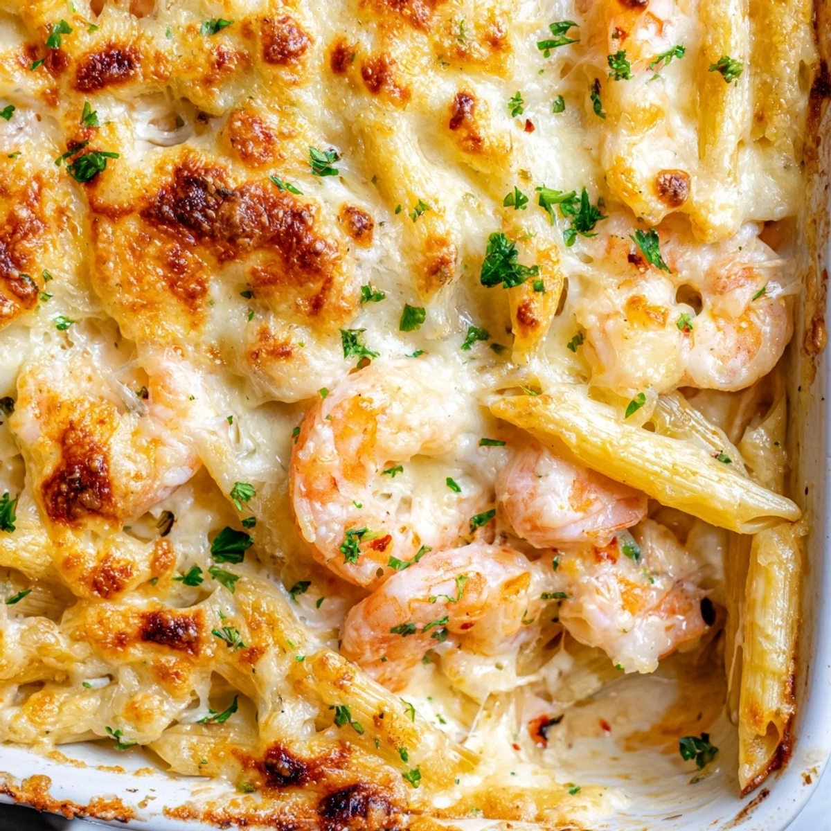 Succulent shrimp nestled in creamy lemon garlic shrimp scampi pasta bake topped with herbs