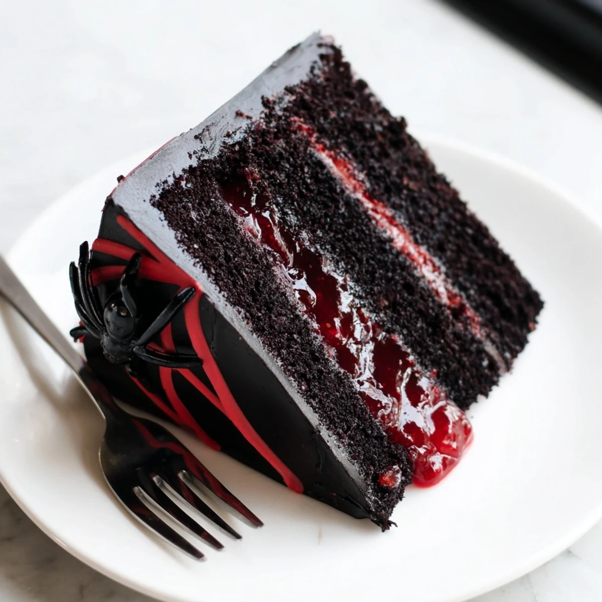 Dark black widow cake dripping with glossy ganache and eerie red spider veins