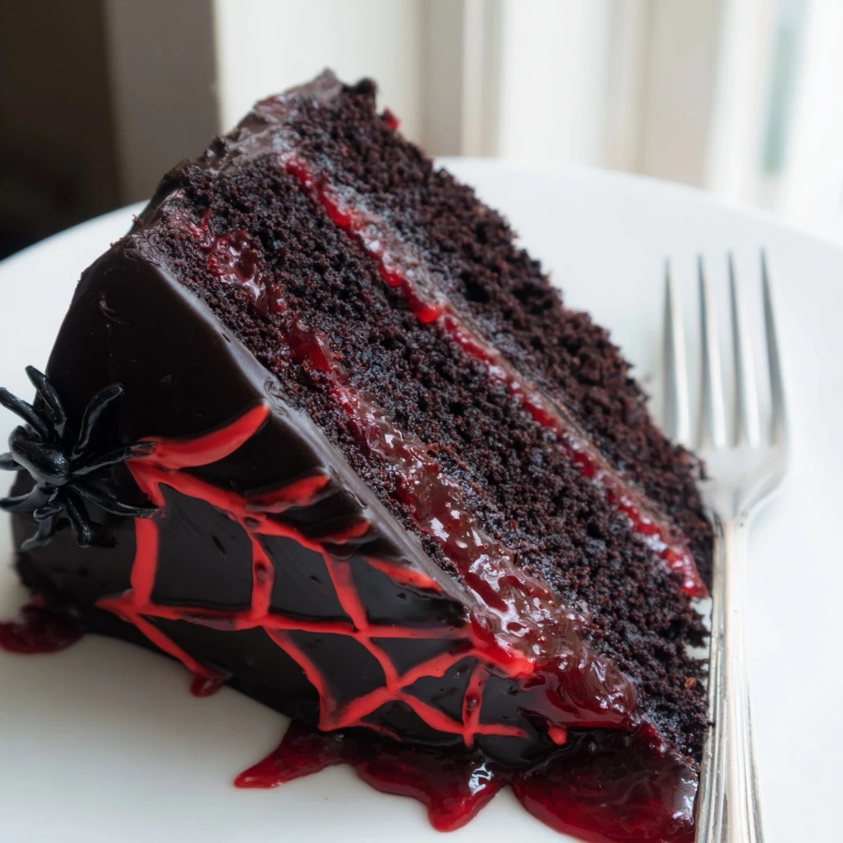 Hidden horror black widow cake sliced open to reveal a vibrant cherry compote filling