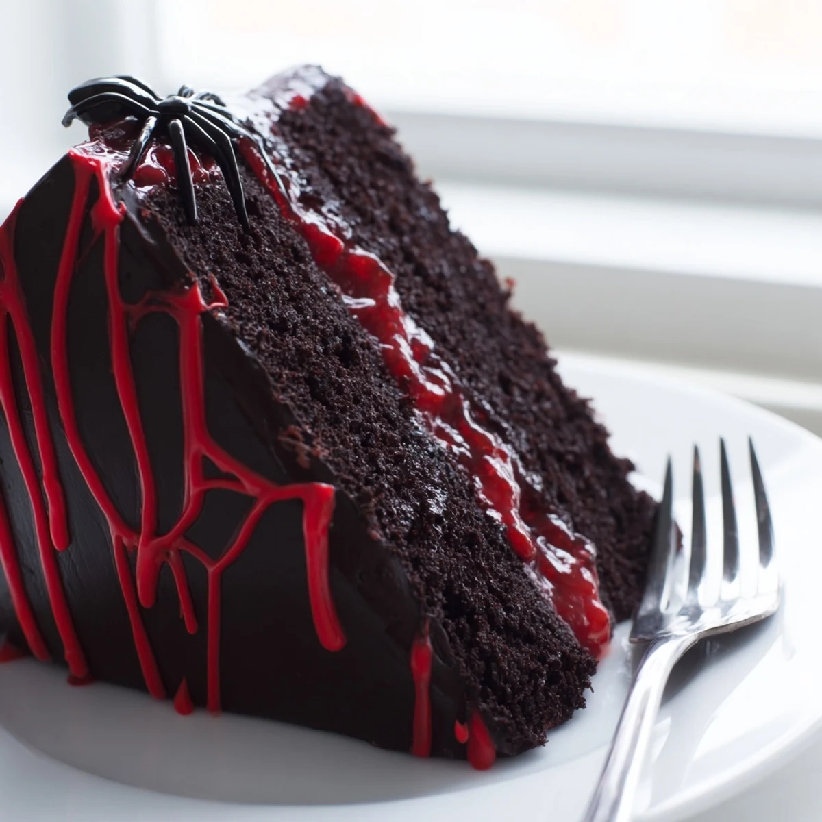 Spooky black widow Halloween cake topped with chocolate spiders and shimmering dark cocoa ganache