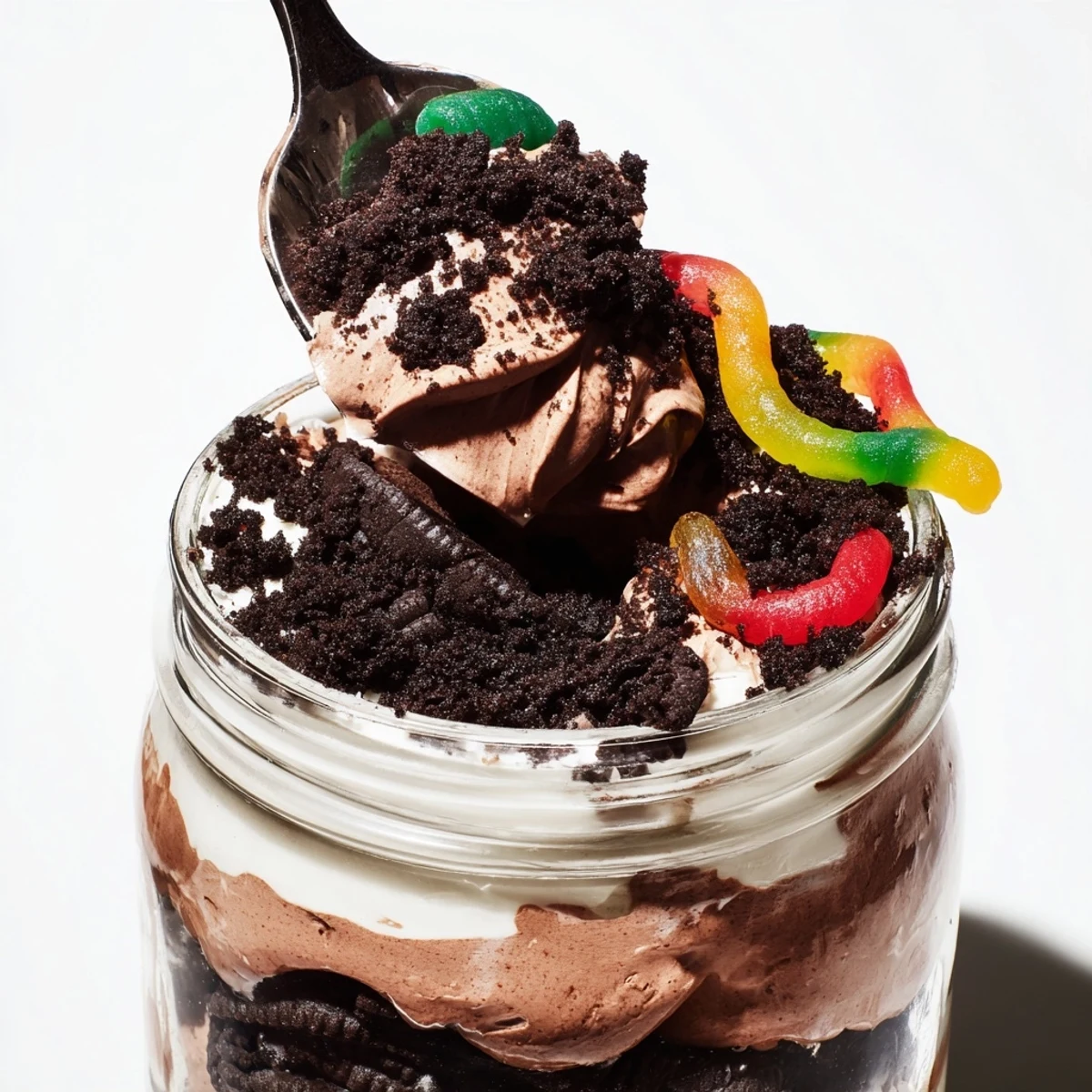 Creamy dirt pudding cups with crushed cookie crumbs and playful gummy worms