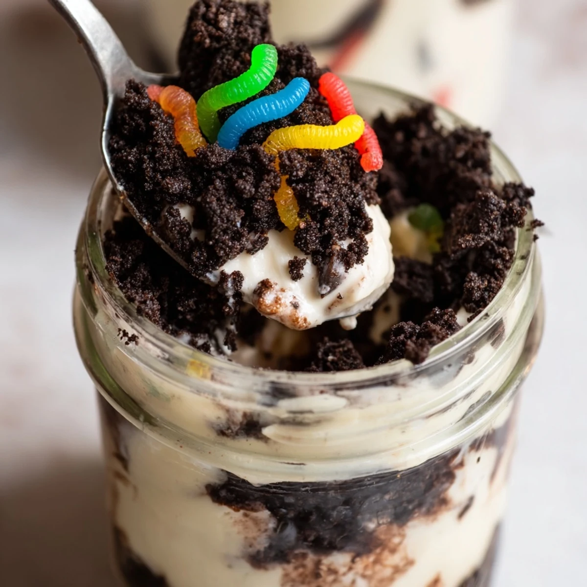 Fun dirt pudding dessert topped with chocolate cookie dirt and gummy worms