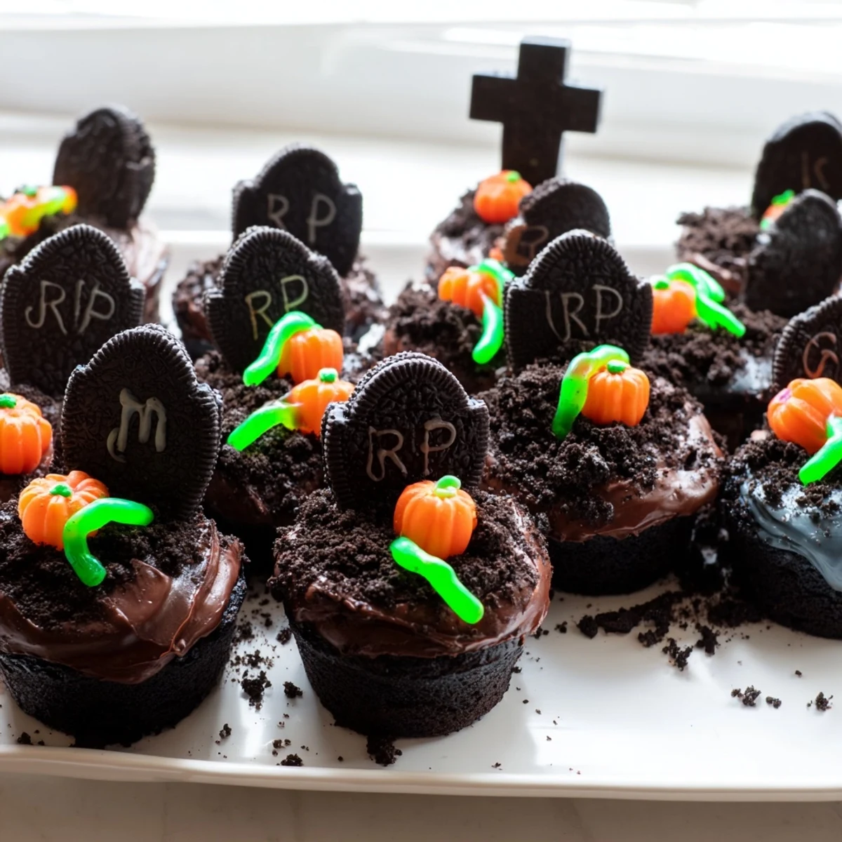 Pull Apart Graveyard Cupcakes decorated with chocolate frosting, cookie dirt, and spooky tombstones