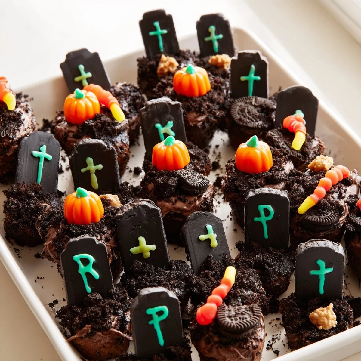 Pull Apart Graveyard Cupcakes arranged on a tray with edible tombstones and Halloween candy