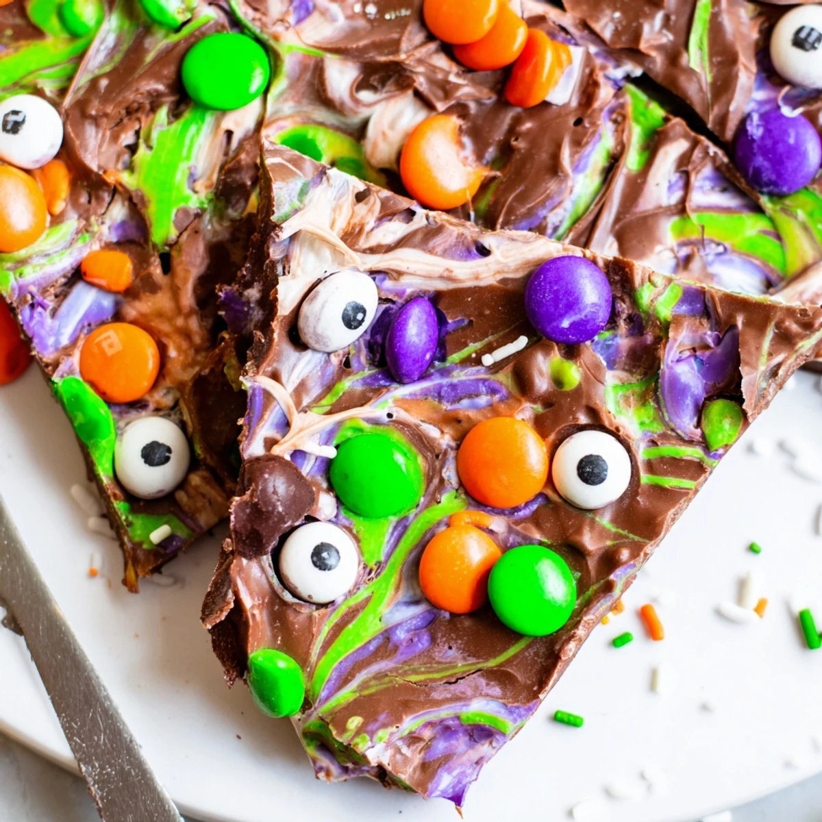 Dark and white chocolate Melting Witches Bark topped with spooky candy eyes and sprinkles