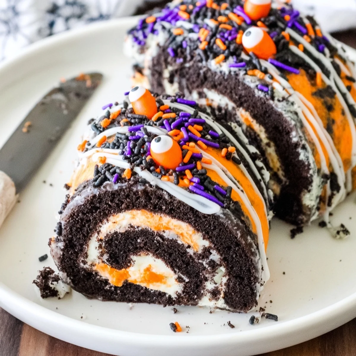 A spooky Halloween Oreo Roll sliced and drizzled with chocolate on a festive plate.