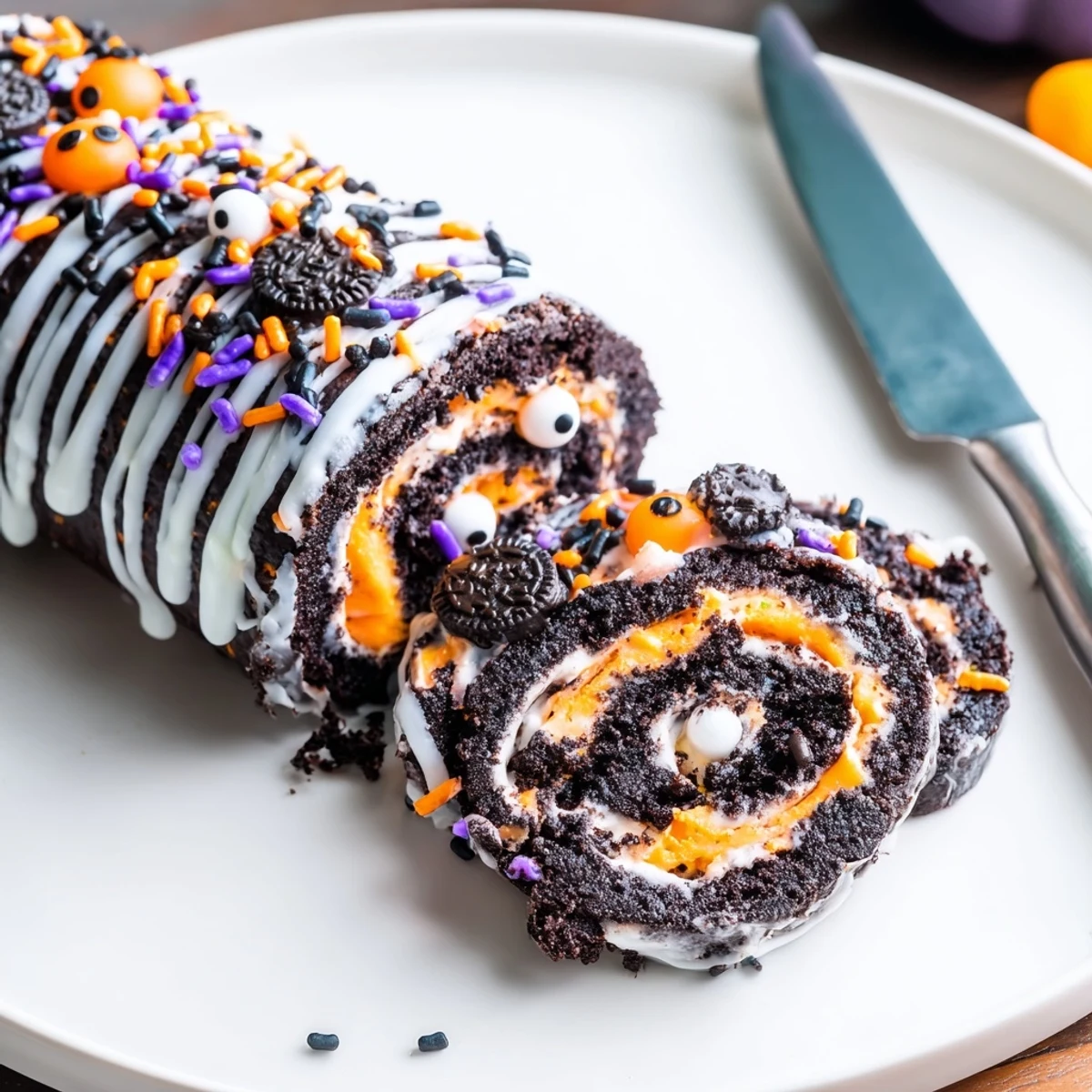 Creamy orange filling peeks out of this chilled Halloween Oreo Roll dessert slice.