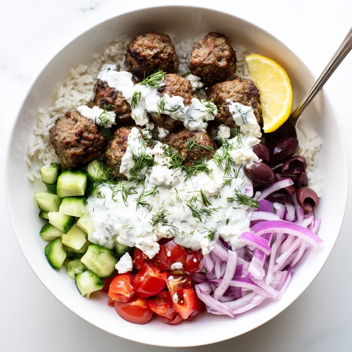 Juicy herb-spiced meatballs served over rice with crisp veggies and tangy tzatziki in a Greek meatball bowl