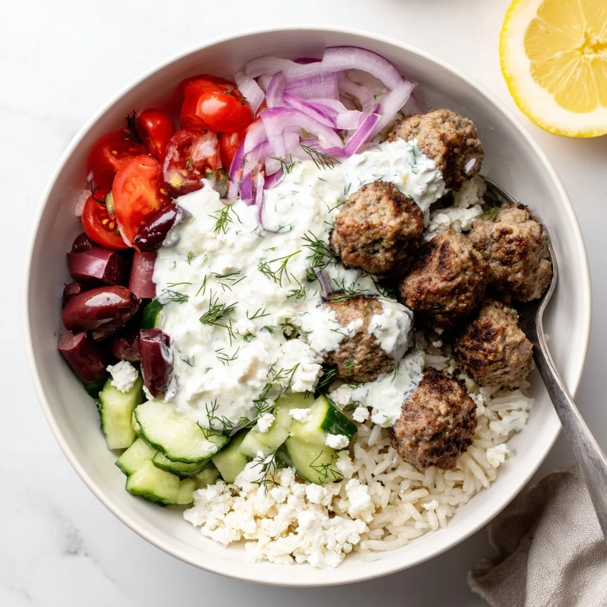A vibrant Greek meatball bowl layered with olives, crumbled feta, and a cool lemon yogurt sauce