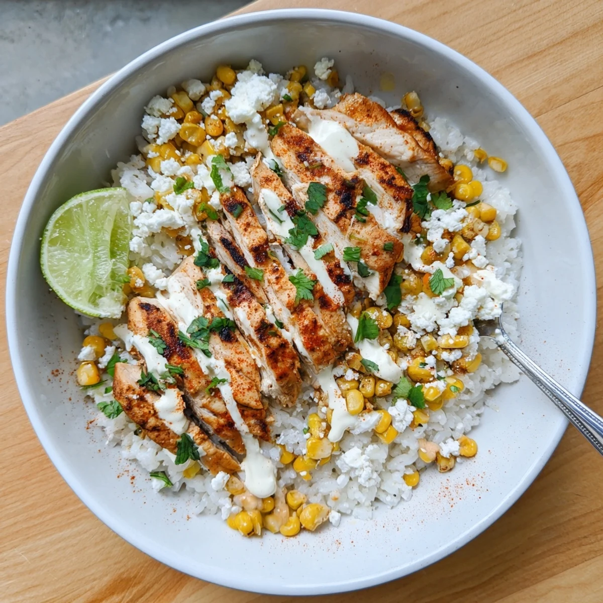 Street corn chicken rice bowl topped with charred corn, sliced chicken, and creamy drizzle
