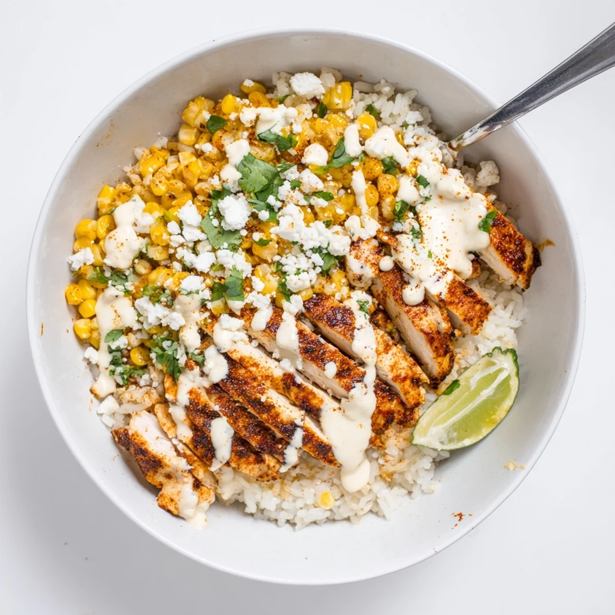 Juicy grilled chicken over seasoned rice in a street corn chicken rice bowl with lime