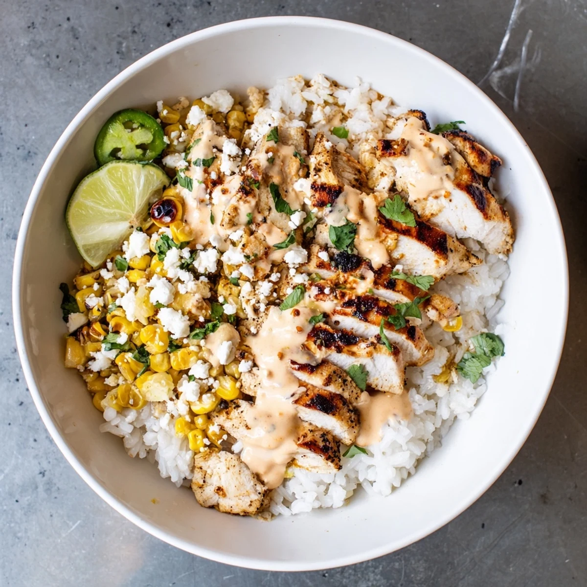 Golden corn and tender chicken layered in a street corn chicken rice bowl with cotija