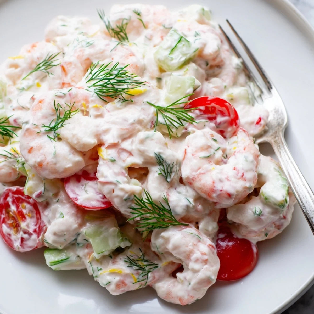 Chilled shrimp salad recipe with pink shrimp, crisp celery, and zesty lemon dressing