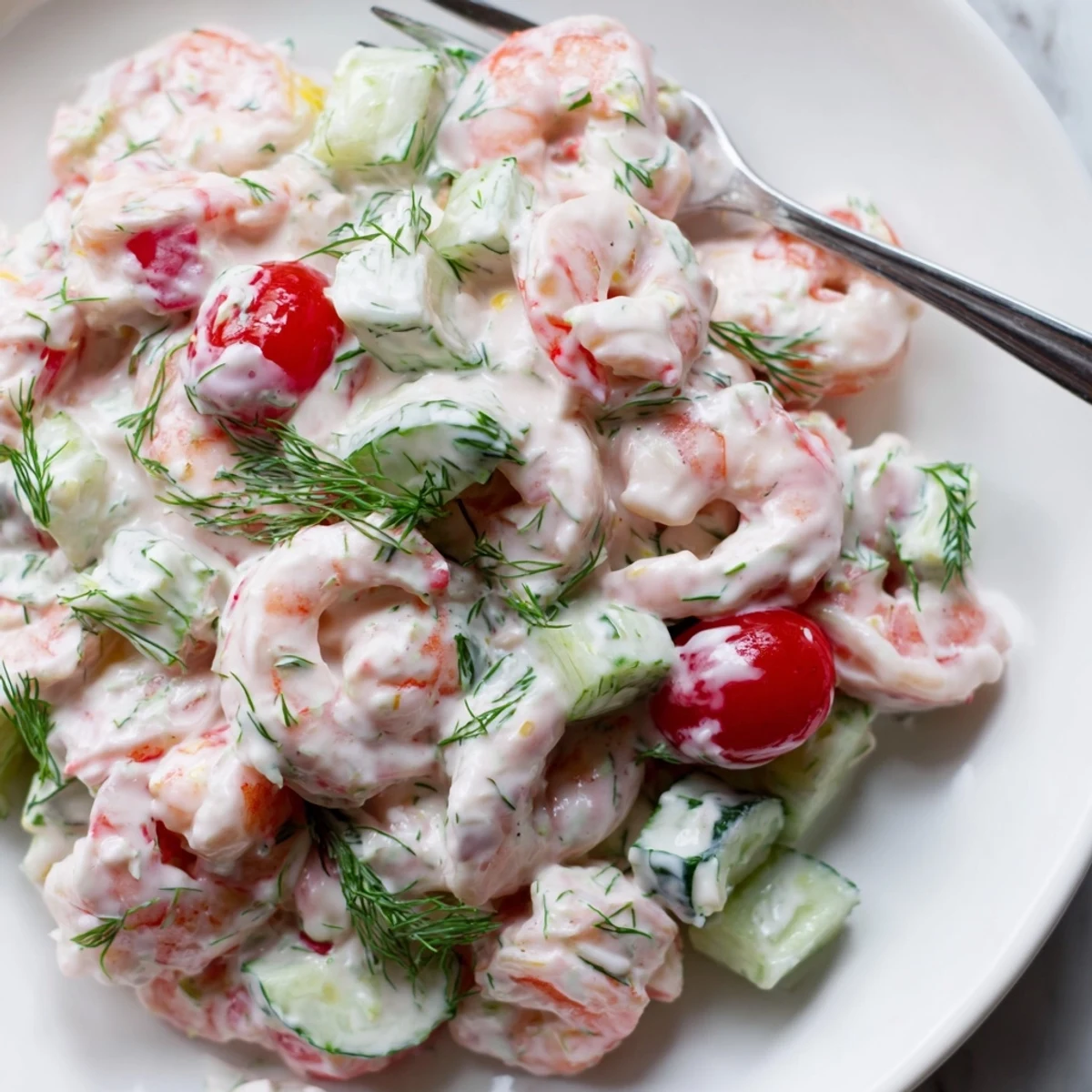 Plump shrimp salad recipe served over leafy greens with cherry tomatoes and fresh dill