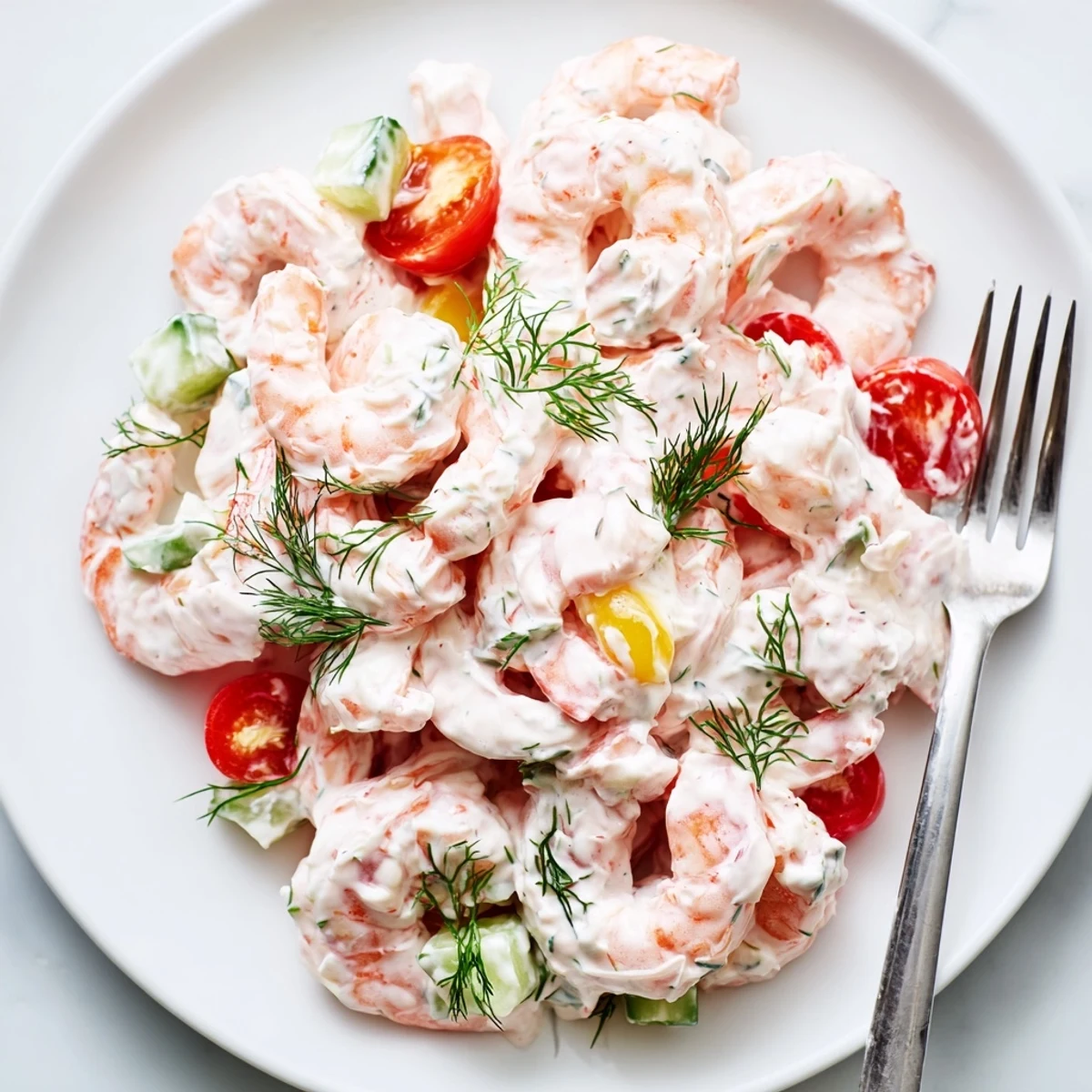 Creamy shrimp salad recipe mounded in a bowl alongside crusty bread for summer lunch