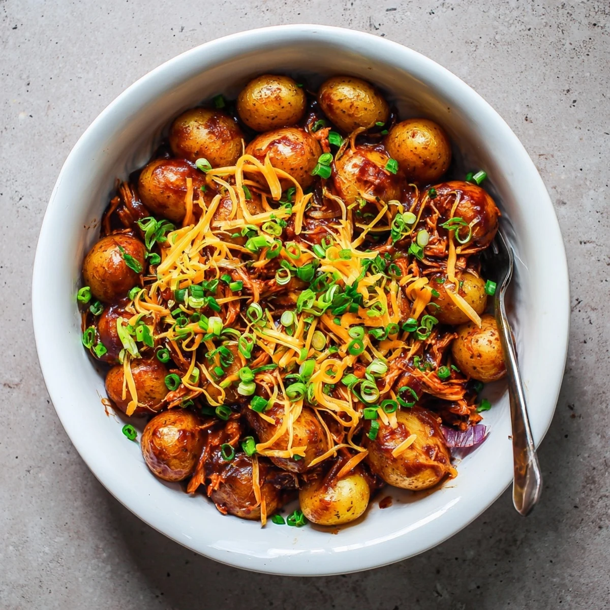 Golden roasted potatoes loaded with honey BBQ chicken and melted cheddar cheese