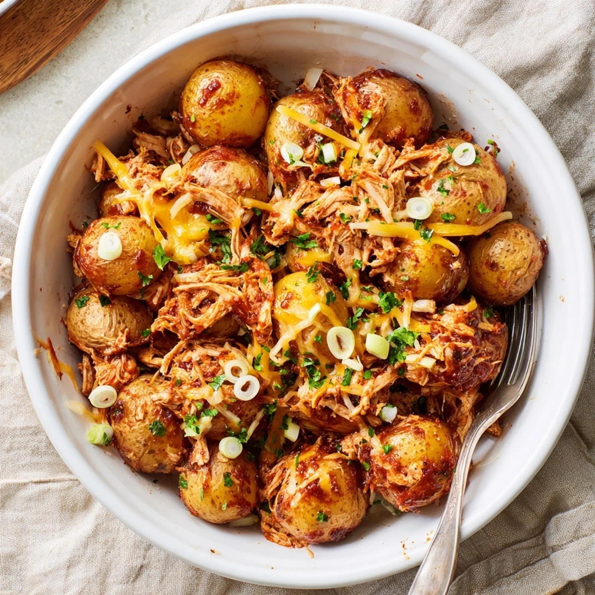 Honey BBQ Chicken Potatoes bubbling with savory sauce and fresh parsley garnish
