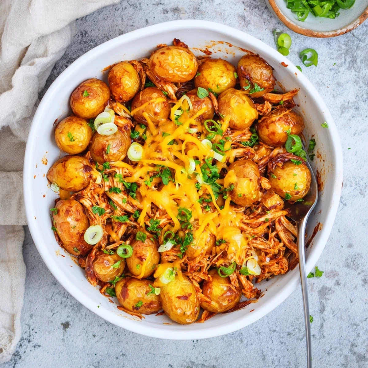 A hearty plate of honey BBQ chicken over crispy cheesy baby potatoes