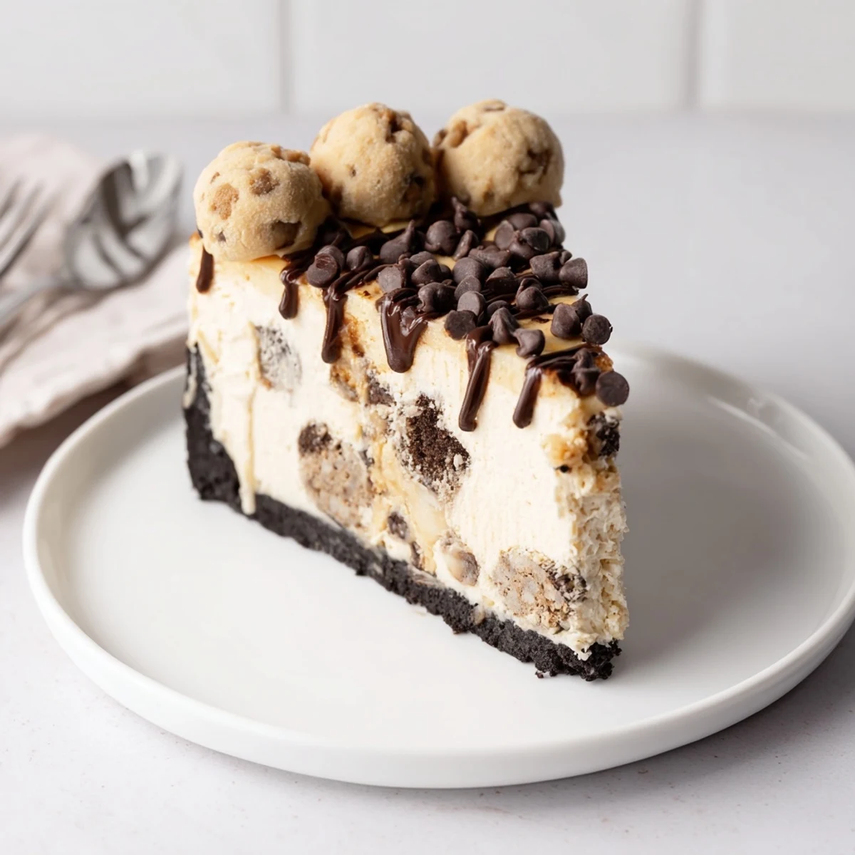 Chocolate Chip Cookie Dough Cheesecake slice showing creamy filling and doughy chocolate pockets
