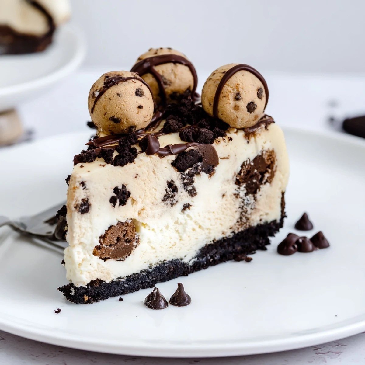 Chocolate Chip Cookie Dough Cheesecake on counter with rich chocolate crust ready to slice