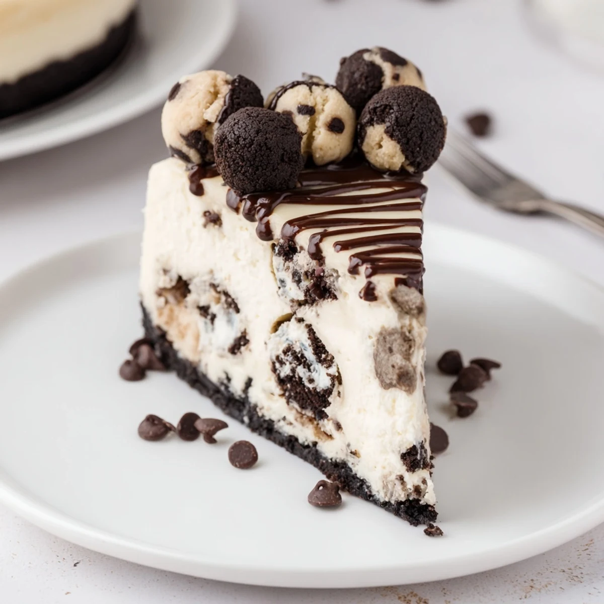 Chilled serving of Chocolate Chip Cookie Dough Cheesecake sprinkled with mini chips