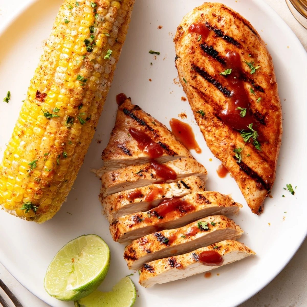 BBQ Chicken With Corn glistening with sauce, grilled char marks, lime wedges.