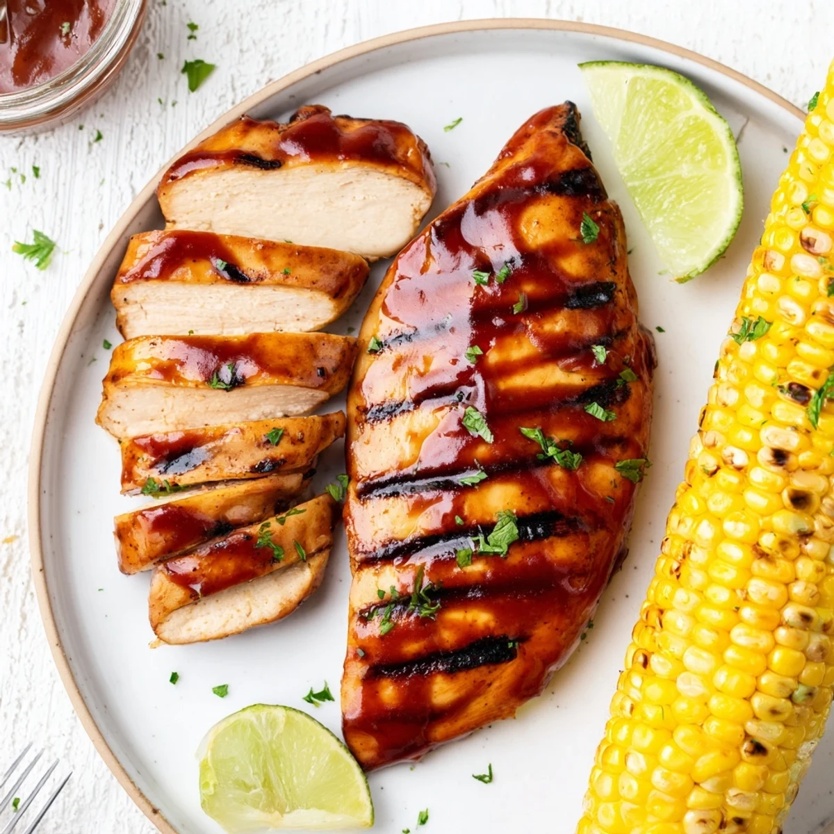 Sliced BBQ Chicken With Corn served with buttered cobs and fresh parsley.