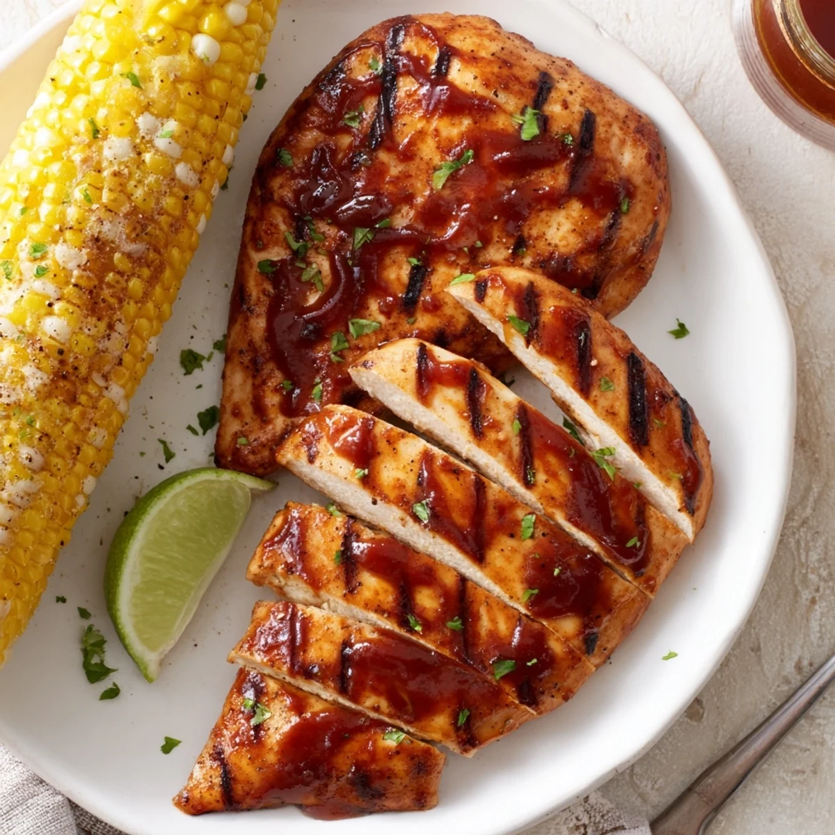 Juicy, smoky BBQ Chicken With Corn on the grill, ready to slice.