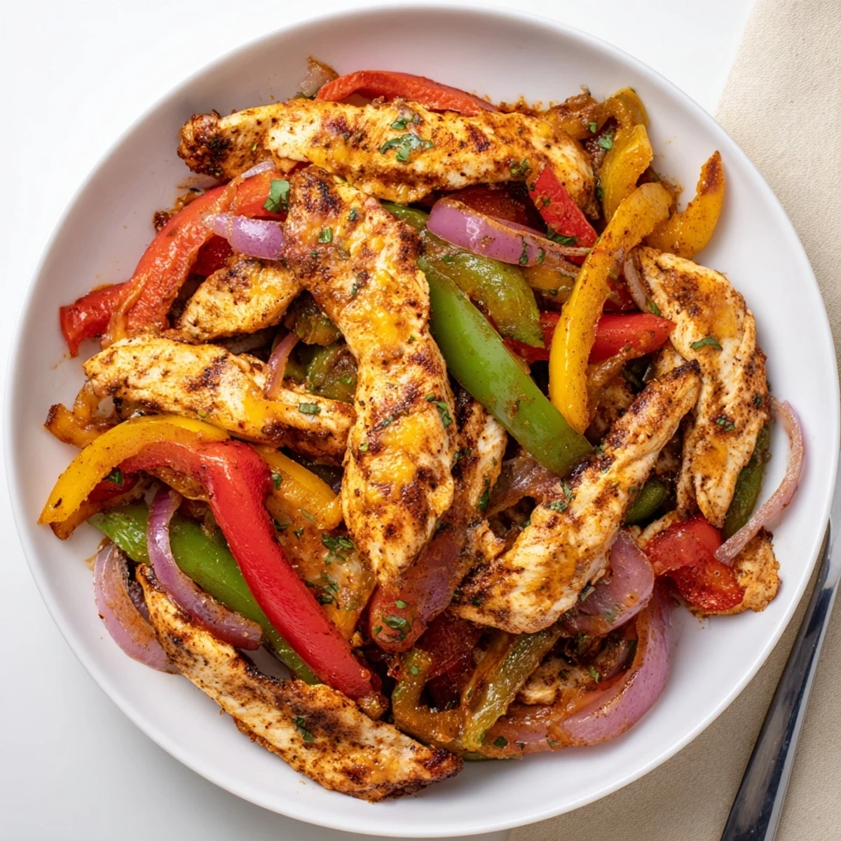 Cheesy Baja Chicken Bell Pepper Skillet sizzling with melted cheese, cilantro garnish