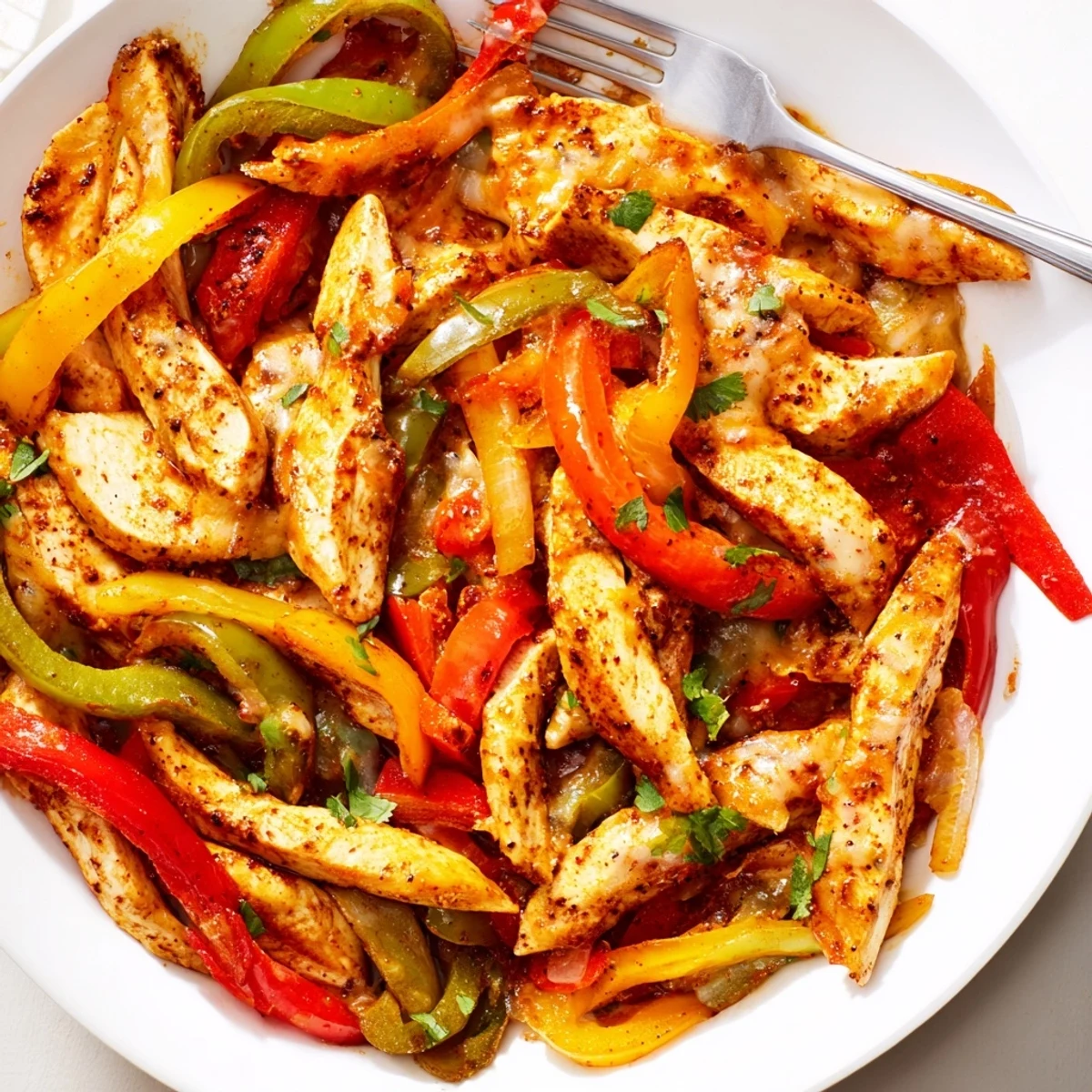 Cast iron Cheesy Baja Chicken Bell Pepper Skillet served with warm corn tortillas