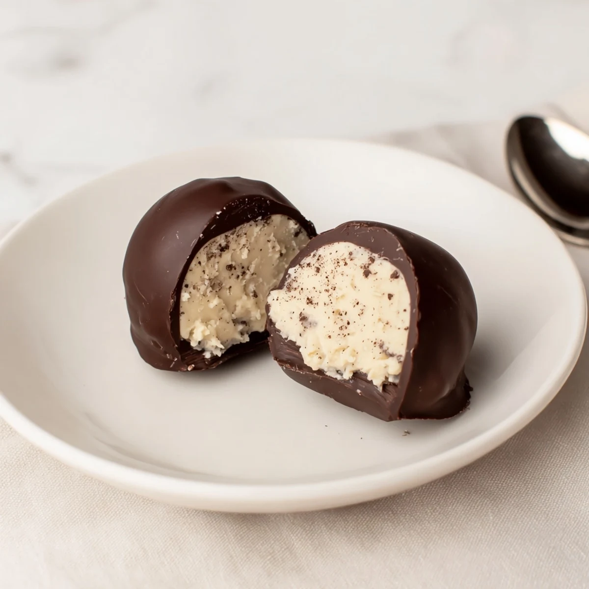 Hand rolled Dark Chocolate Eggnog Truffles chilling on parchment, rich aroma of cinnamon