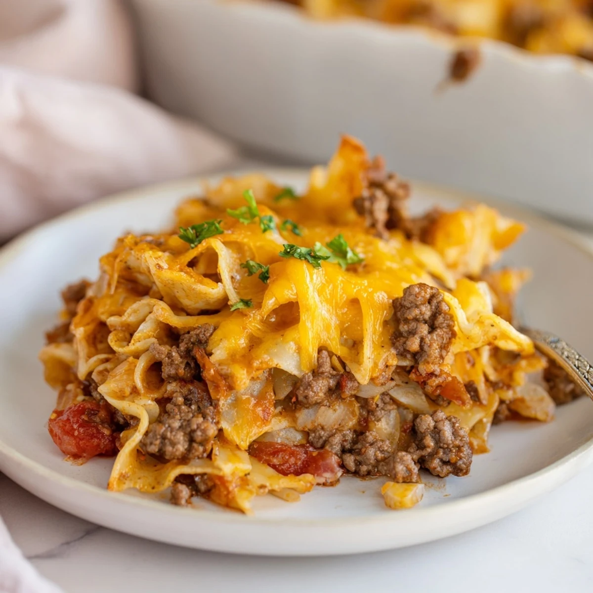 Slice of Beef Noodle Casserole on plate beside garlic bread, steaming