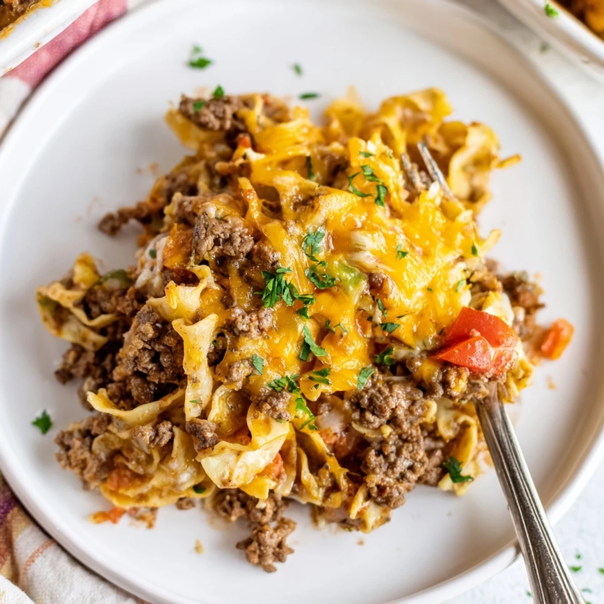 Hearty Beef Noodle Casserole bubbling with melted cheddar, fresh parsley garnish