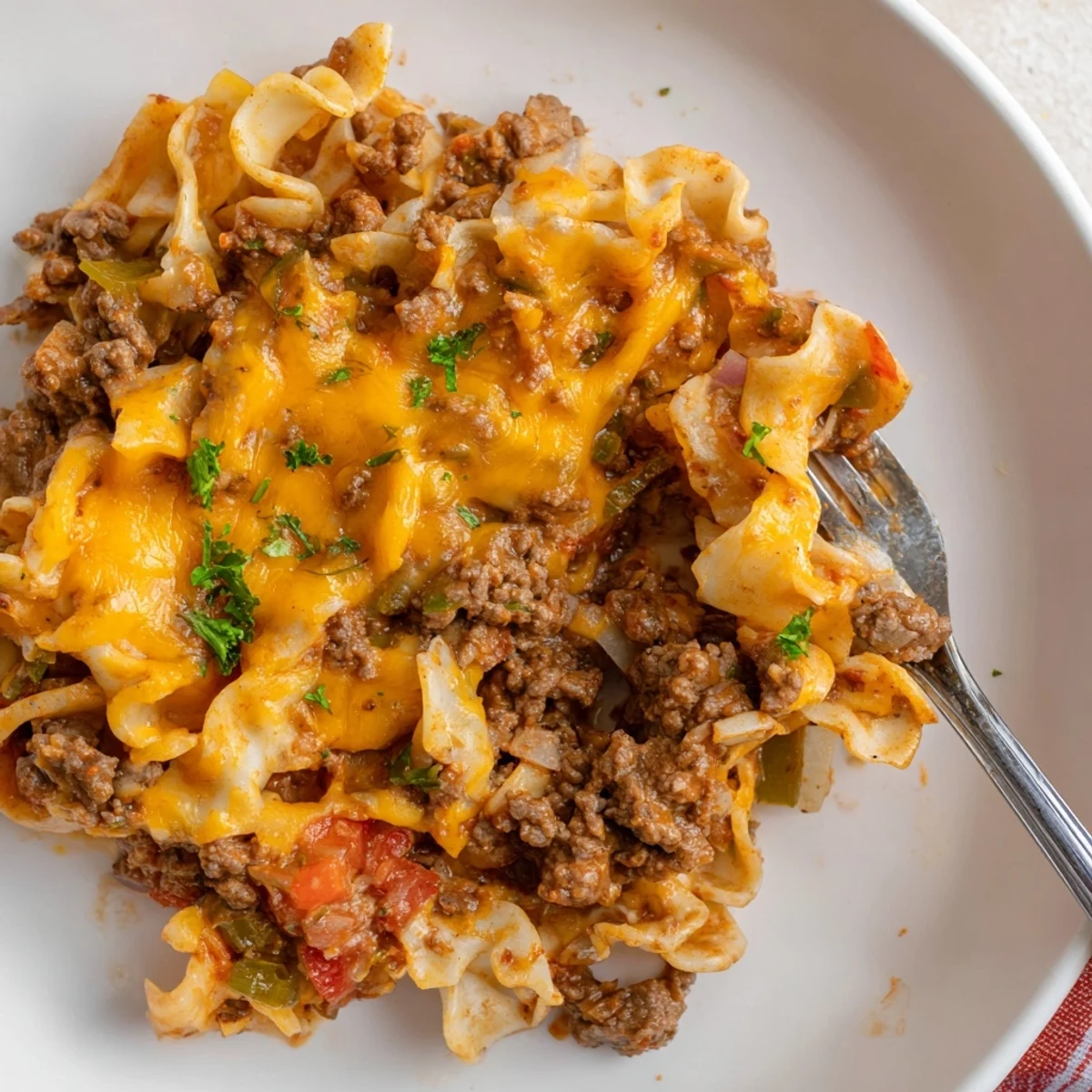 Golden topped Beef Noodle Casserole with tender meat and rich tomato sauce