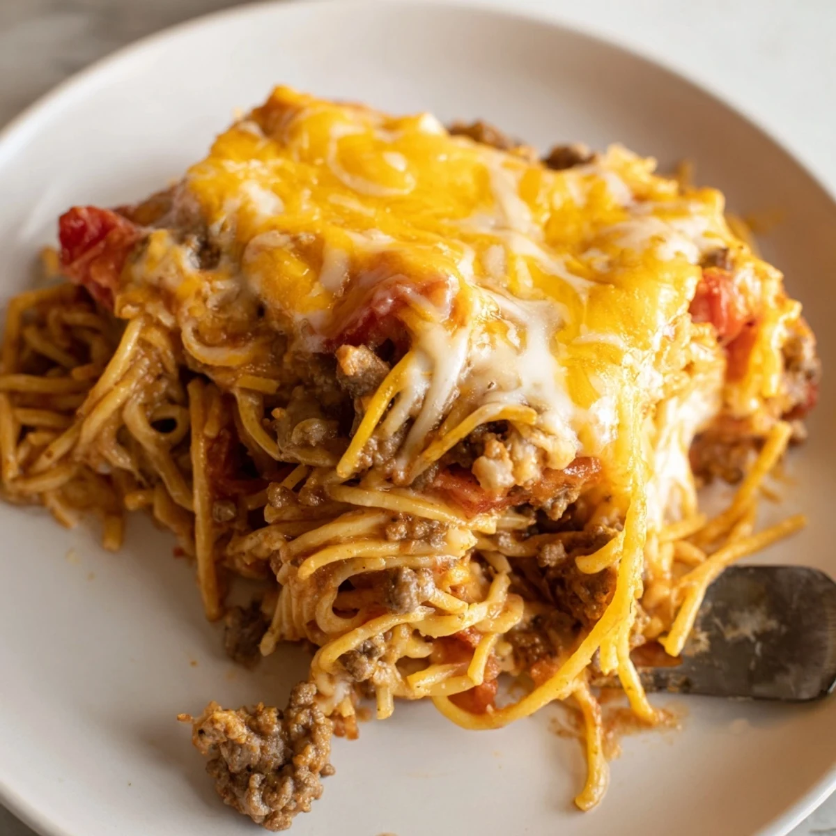 Warm Beef Lombardi Casserole layered with creamy cottage cheese and buttered noodles.