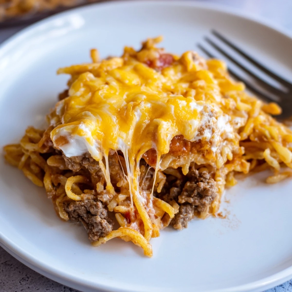 Beef Lombardi Casserole bubbling under golden cheesy top, steaming tomato-beef filling.