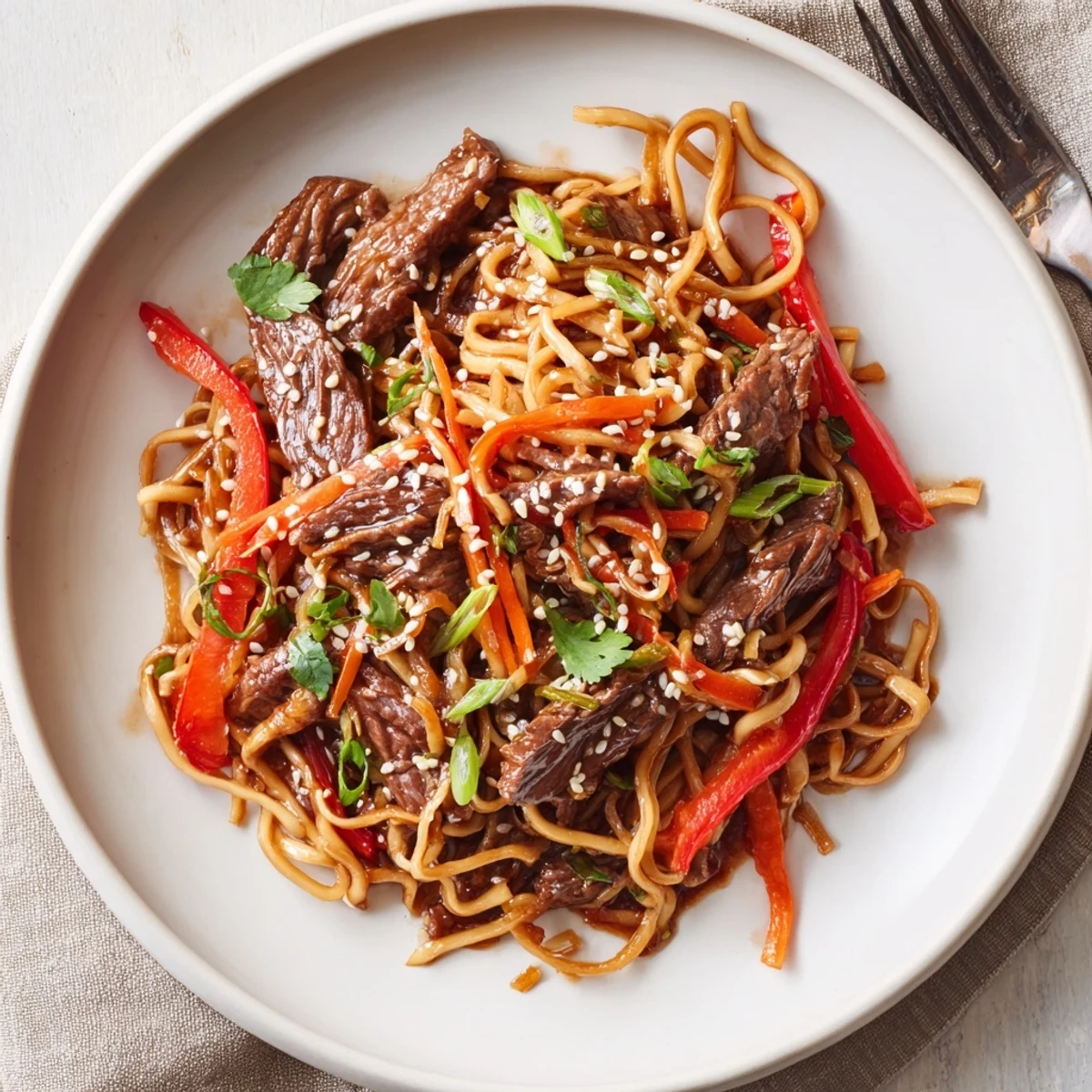 A steaming plate of tender beef and chewy noodles Sticky Beef Noodles