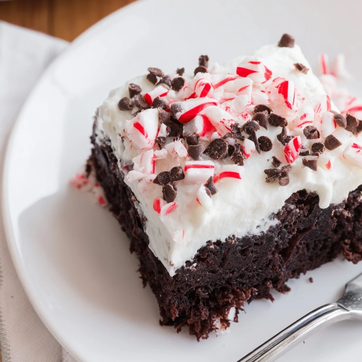 Close-up of Peppermint Poke Cake with whipped topping and crushed candies